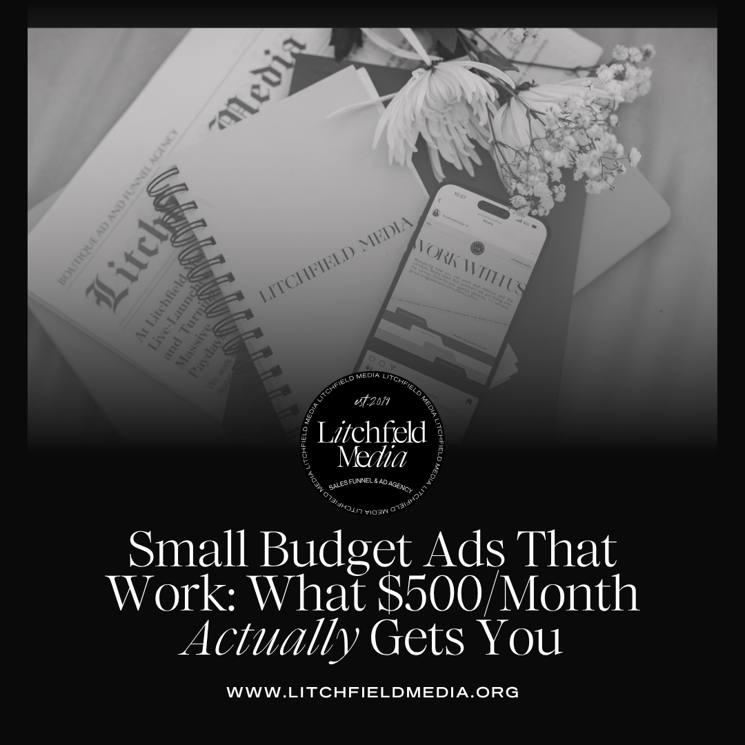 Phone on paper and desk showing how to male small budget ads work from Melissa of Litchfield Media, a Meta Ads expert